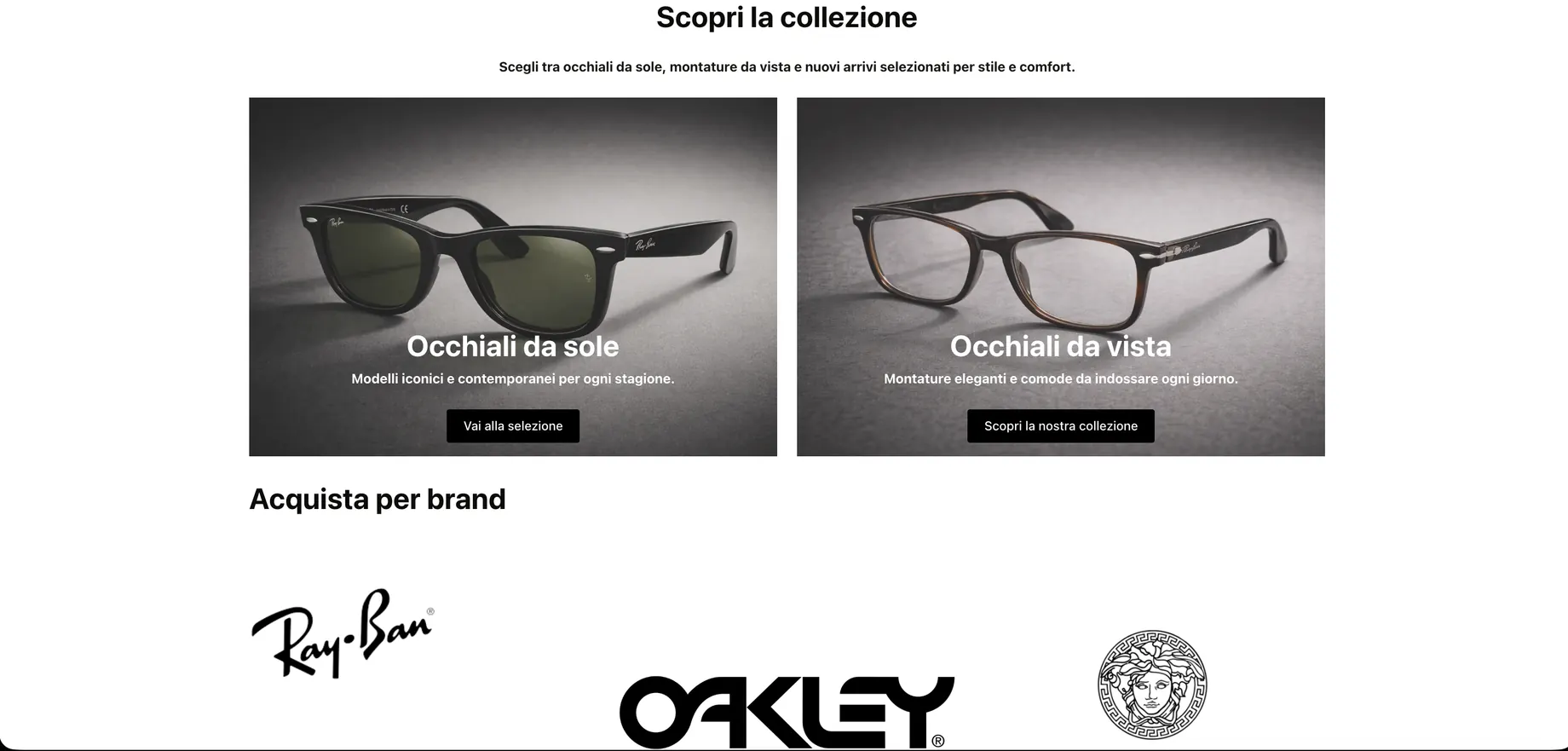 Sezione della collezione nel sito di Ottica Veraldi, e-commerce in sviluppo